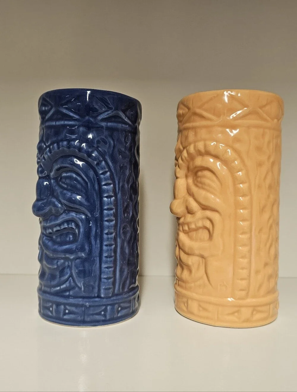 Home Tiki Blue and Peach Ceramic Bar Glass/Mug Pair - (Qty 2)